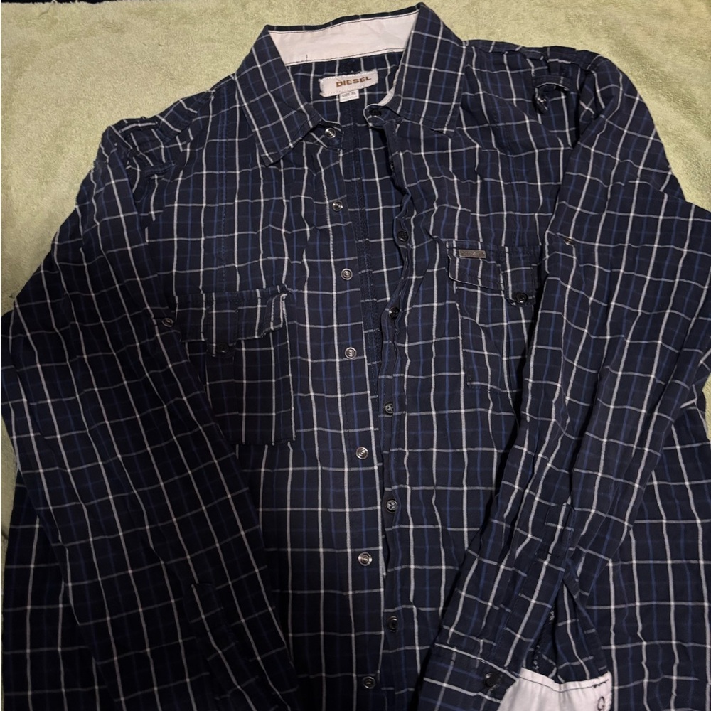 Diesel Men's Dark Blue Plaid Shirt